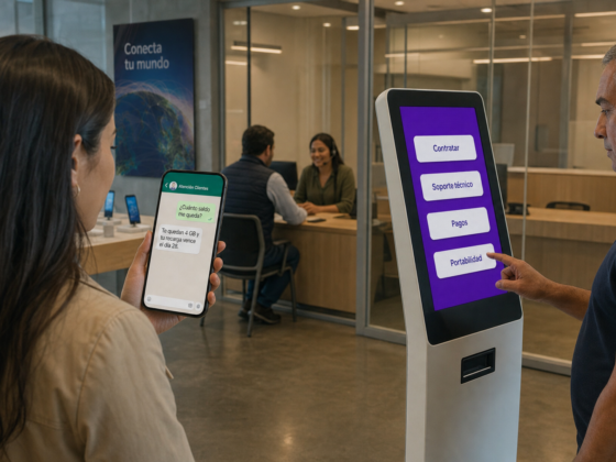 Hall de entrada de una tienda de telecomunicaciones en México: una clienta consulta su saldo por chat en su celular, un cliente elige un botón en un tótem de atención y, al fondo, una agente atiende a otro cliente en un box.