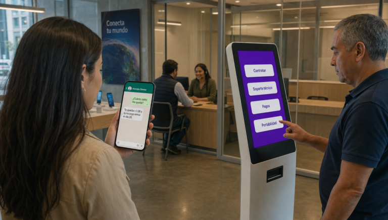 Hall de entrada de una tienda de telecomunicaciones en México: una clienta consulta su saldo por chat en su celular, un cliente elige un botón en un tótem de atención y, al fondo, una agente atiende a otro cliente en un box.