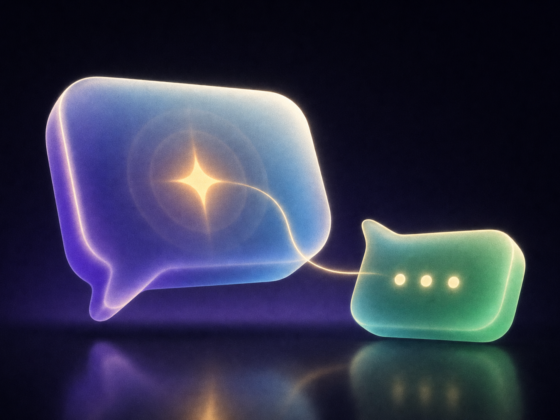 Ilustración de dos globos de chat de cristal, uno grande con una estrella luminosa y uno pequeño con tres puntos, que representan una consulta y su respuesta.