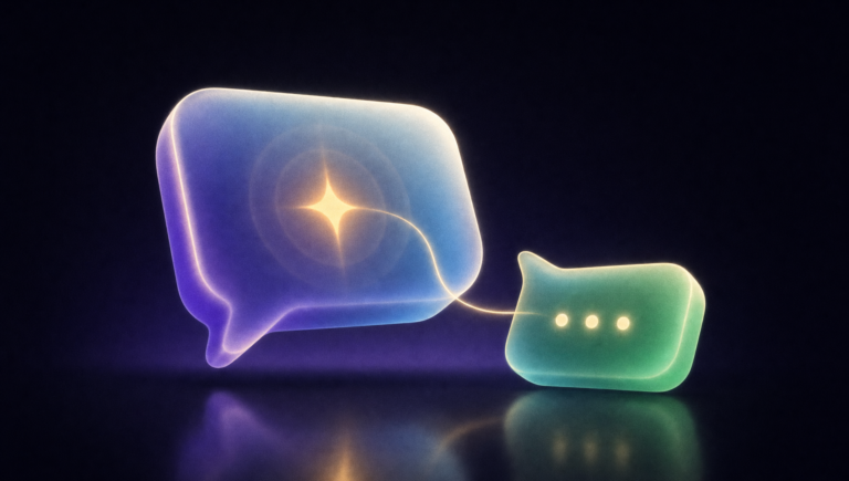 Ilustración de dos globos de chat de cristal, uno grande con una estrella luminosa y uno pequeño con tres puntos, que representan una consulta y su respuesta.