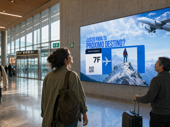 Pasajeros miran un videowall LED de digital signage en la terminal de salidas de un aeropuerto