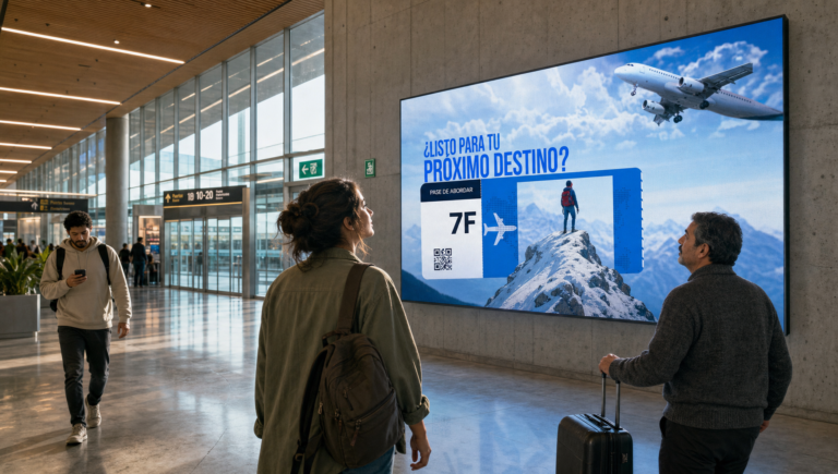 Pasajeros miran un videowall LED de digital signage en la terminal de salidas de un aeropuerto
