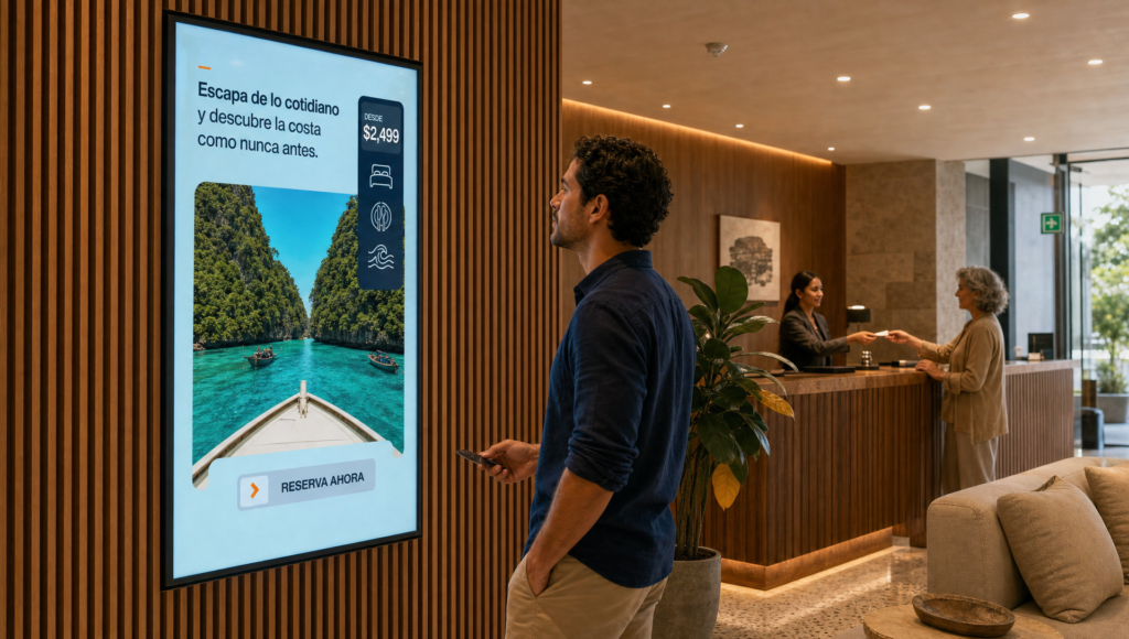 Huésped observa una pantalla vertical de cartelería digital con una promoción en el lobby de un hotel