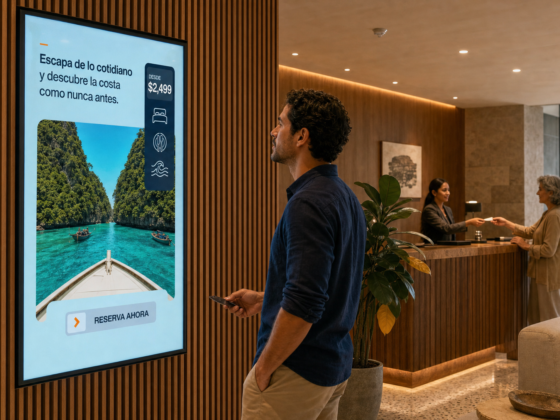 Huésped observa una pantalla vertical de cartelería digital con una promoción en el lobby de un hotel
