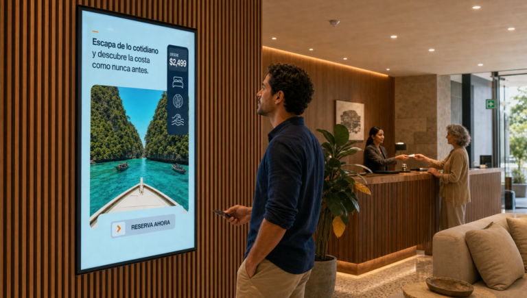 Huésped observa una pantalla vertical de cartelería digital con una promoción en el lobby de un hotel