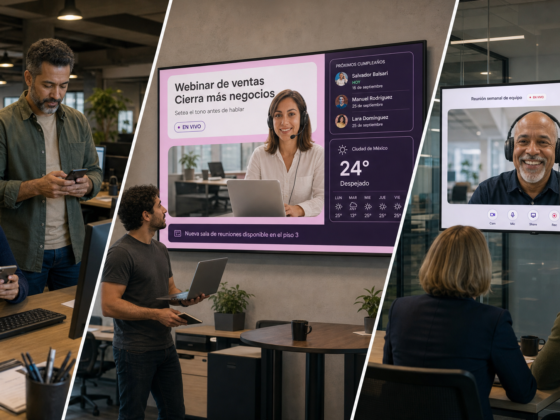Tres ejemplos de comunicación interna: celulares en el puesto de trabajo, pantalla con widgets y videollamada de equipo