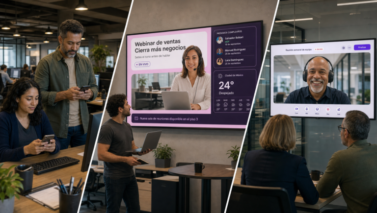 Tres ejemplos de comunicación interna: celulares en el puesto de trabajo, pantalla con widgets y videollamada de equipo