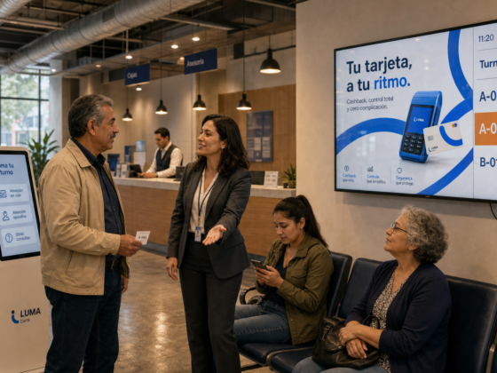 Hall de una sucursal bancaria con una ejecutiva que recibe a un cliente que acaba de sacar su turno, y una pantalla con un anuncio y la cola de turnos.