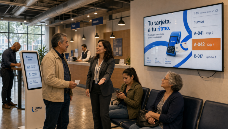 Hall de una sucursal bancaria con una ejecutiva que recibe a un cliente que acaba de sacar su turno, y una pantalla con un anuncio y la cola de turnos.