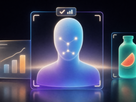Ilustración de un busto anónimo de cristal dentro de un marco de detección, junto a una botella reconocida y un panel de datos.