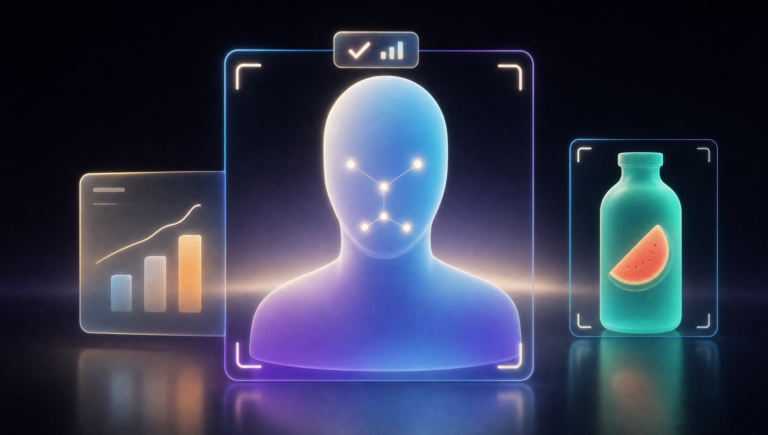 Ilustración de un busto anónimo de cristal dentro de un marco de detección, junto a una botella reconocida y un panel de datos.