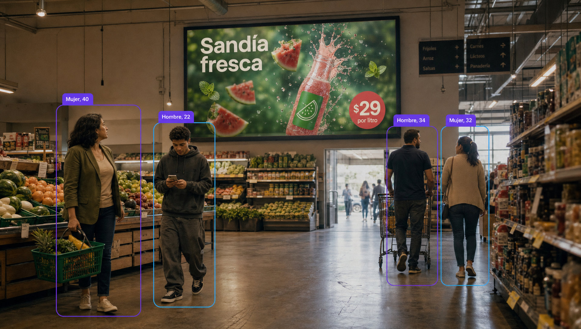 Pantalla en la entrada de un supermercado con marcos de detección sobre las personas que pasan