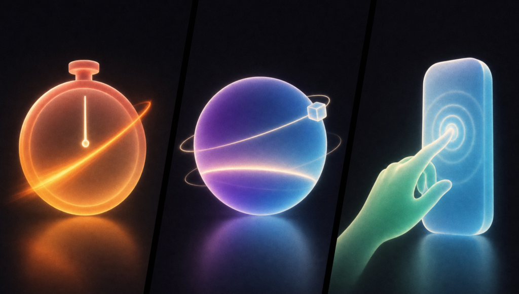 Ilustración en tres paneles con un cronómetro de cristal, una esfera de cristal con un horizonte de luz y una mano que toca un tótem, que representan inmediatez, inmersión e interacción.