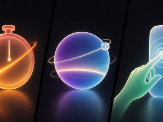 Ilustración en tres paneles con un cronómetro de cristal, una esfera de cristal con un horizonte de luz y una mano que toca un tótem, que representan inmediatez, inmersión e interacción.