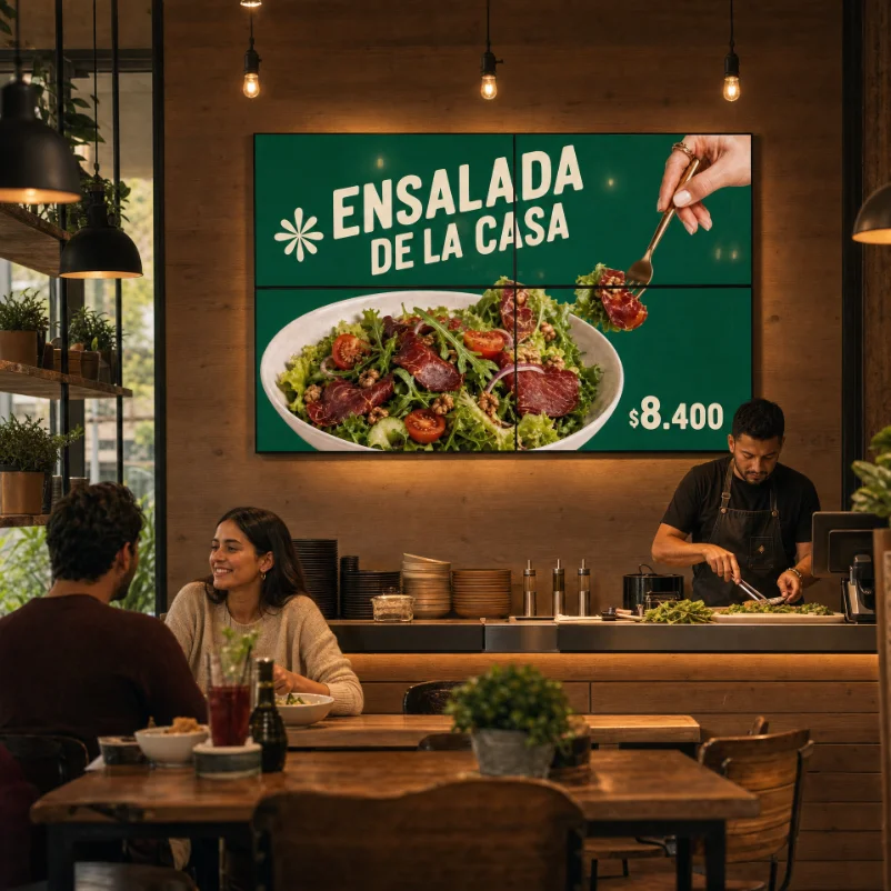 Menu board digital en el mostrador de una cafetería
