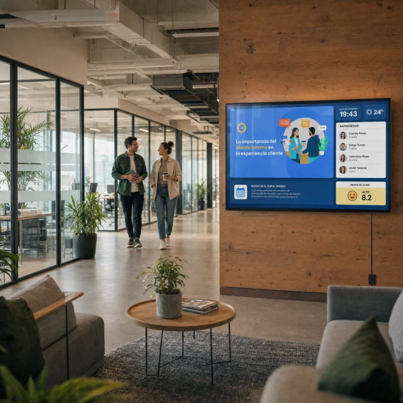 Pantalla de comunicación interna en una oficina