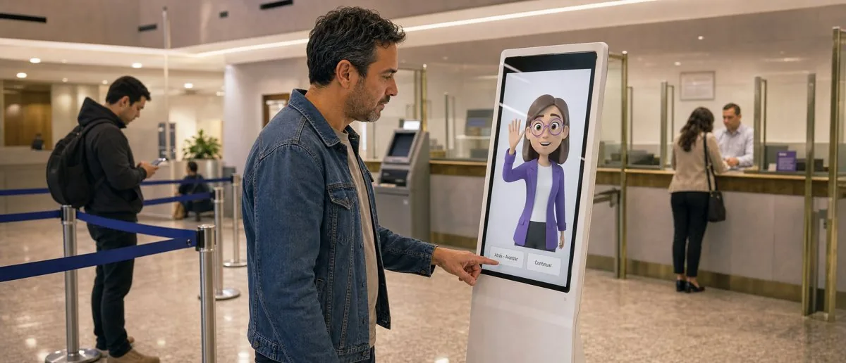 Persona interactuando con Tina AI en un tótem de autoservicio