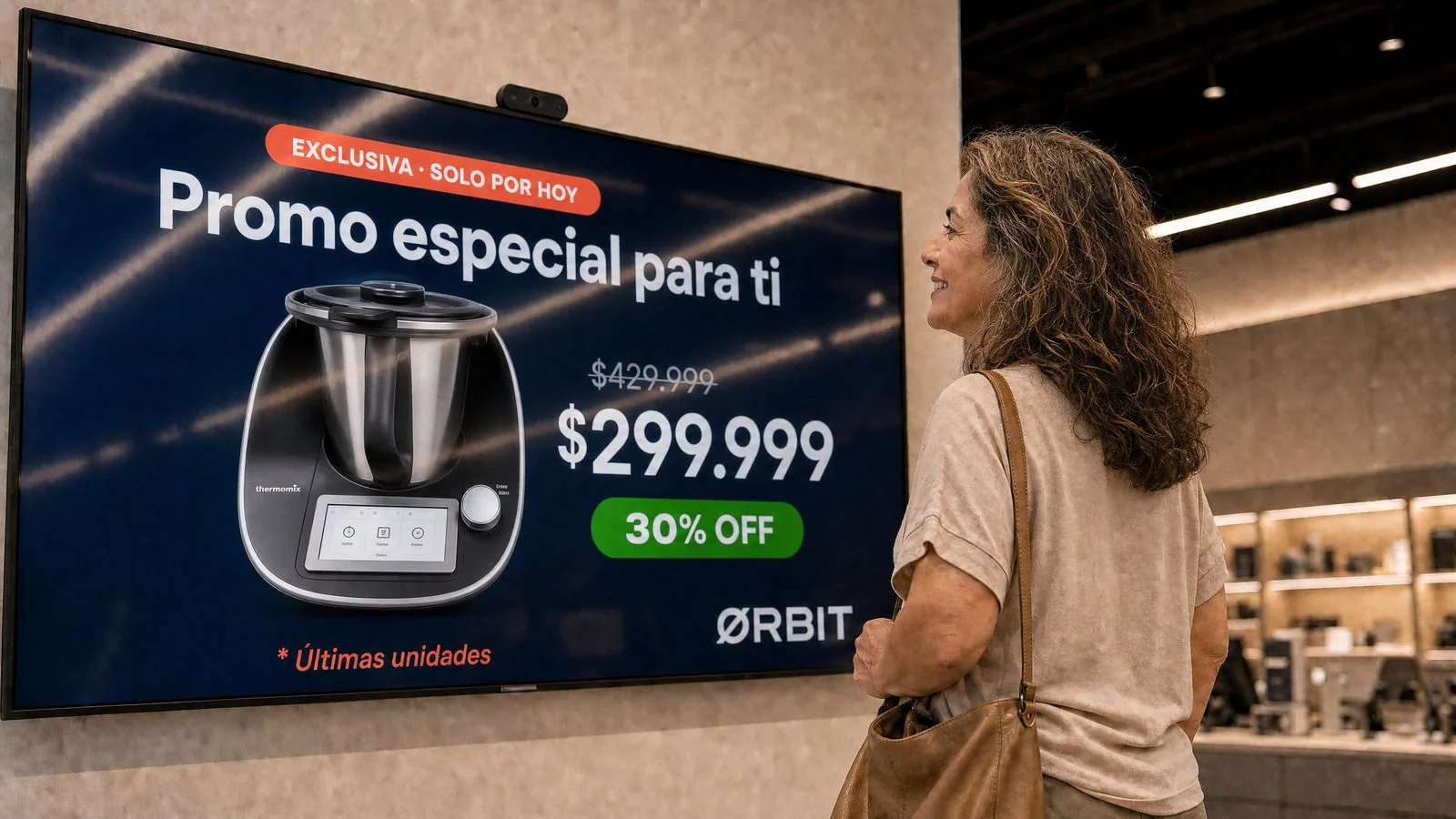 La misma pantalla con la promoción de un robot de cocina mientras la mira una mujer adulta