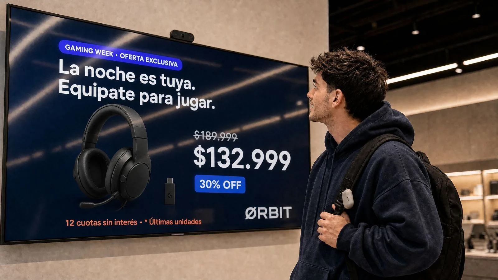 La misma pantalla con una oferta de auriculares gamer mientras la mira un joven