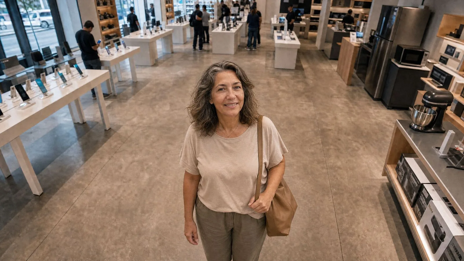 Una mujer camina hacia una pantalla en una tienda de electrónica, vista desde la cámara de InSync