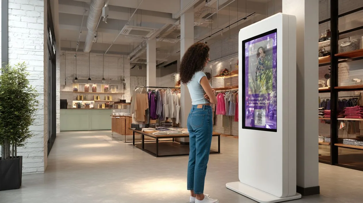 Una mujer frente a un tótem digital en una tienda de ropa durante una experiencia interactiva