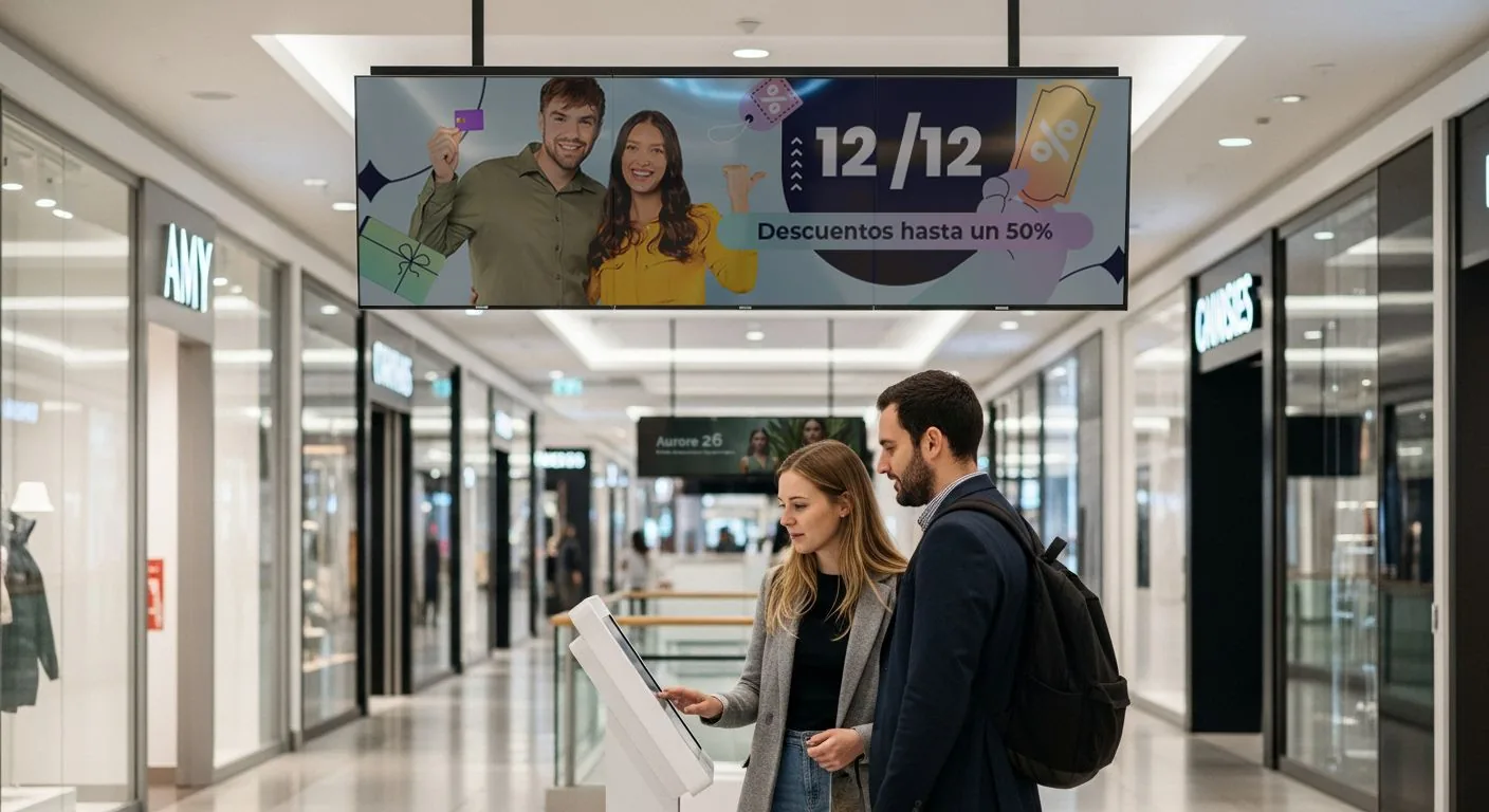 Pareja frente a un kiosco digital en una plaza comercial, con marcos de detección sobre las dos personas