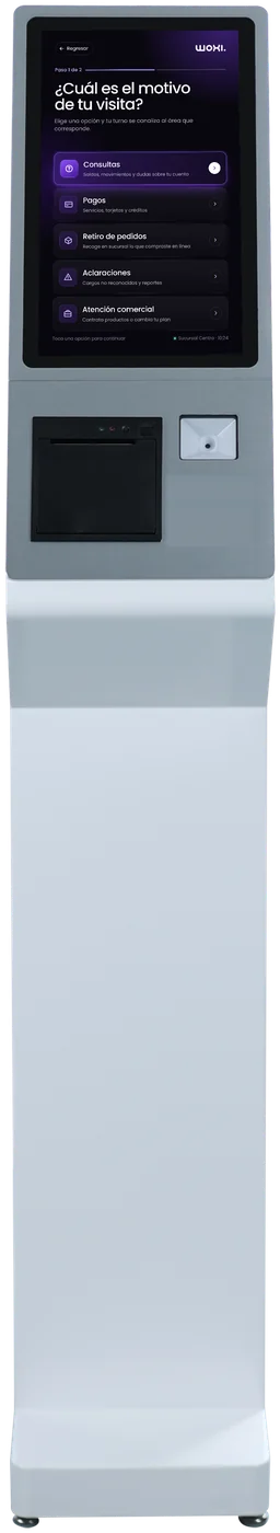 Tótem Woxi 16 pulgadas, vista frontal, con la pantalla de motivos de visita de Woxi