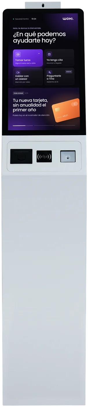 Tótem Woxi 22 pulgadas, vista frontal, con módulo de cámara, la pantalla de inicio de Woxi y una promoción de la sucursal
